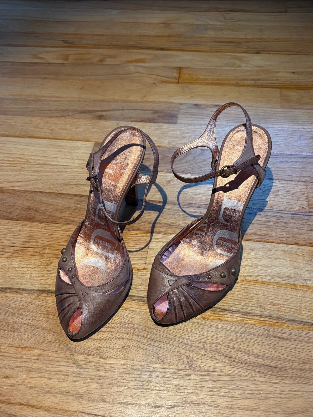 Women’s Brown Peep-Toe Ankle Strap Heels with Stud Accent